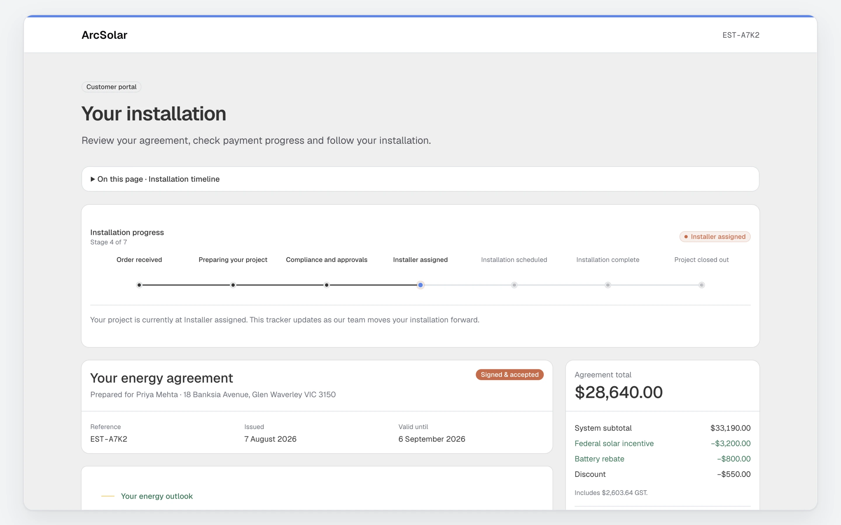 ArcSolar customer portal sample showing stage 4 of 7, an assigned installer and a signed agreement