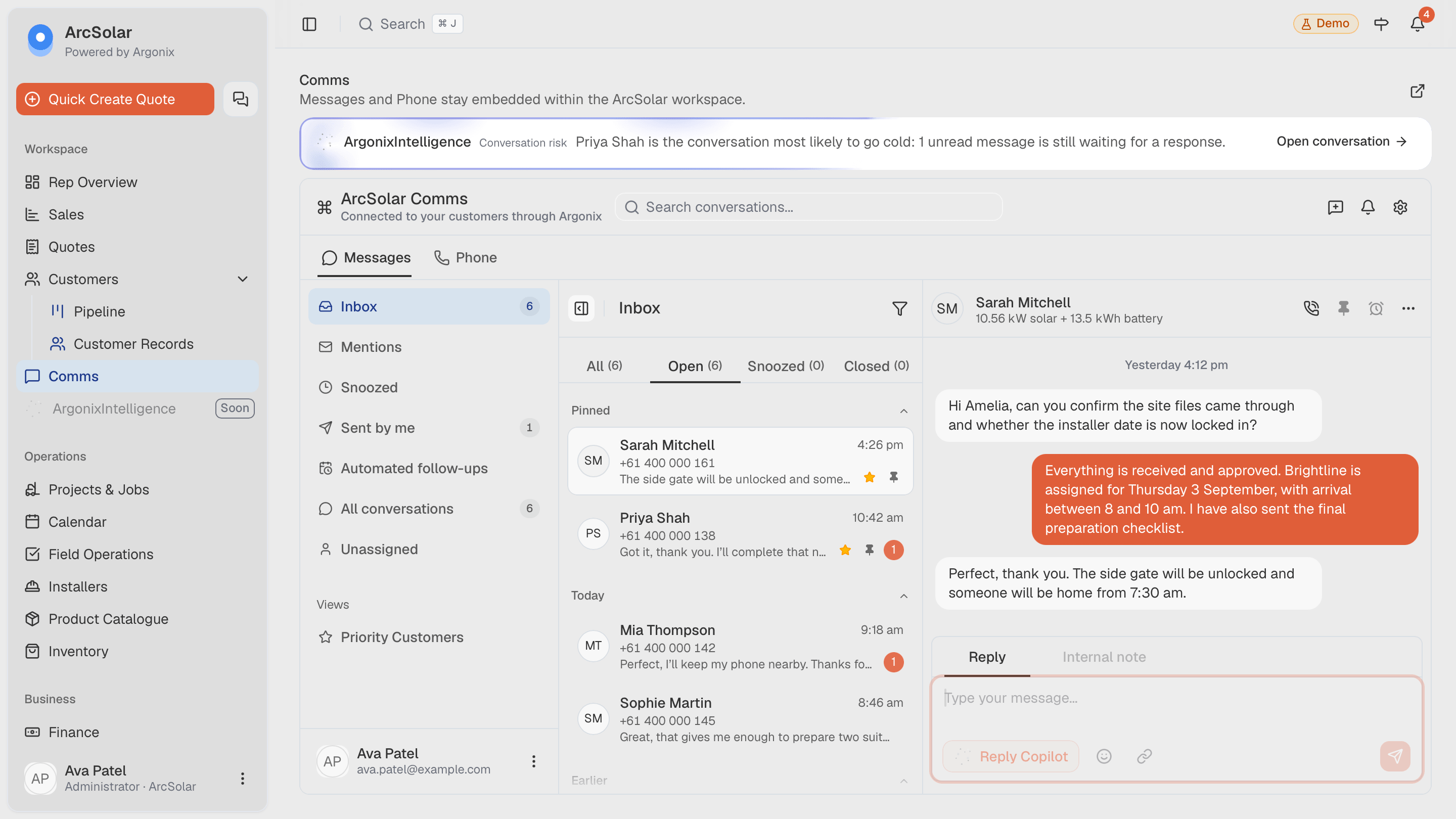 ArcSolar communications workspace showing customer messages and call context