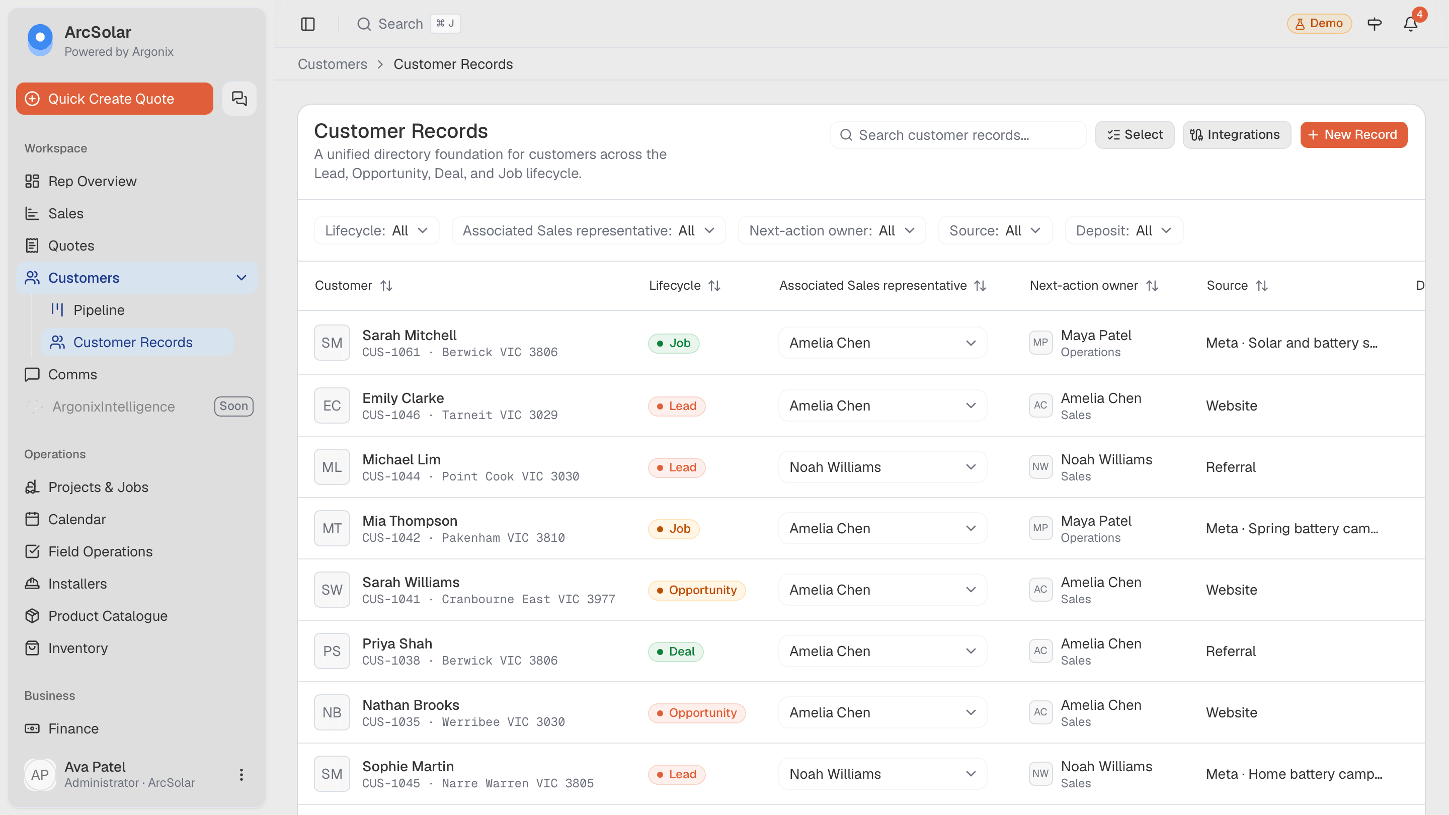 ArcSolar customer records workspace showing customer lifecycle, ownership and lead-source details