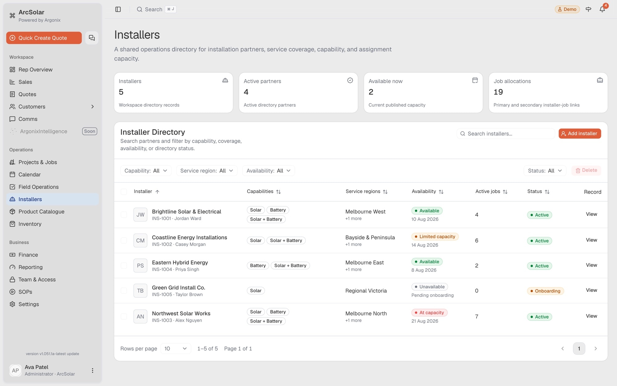 ArcSolar solar installer management directory showing partner coverage, capacity and compliance status