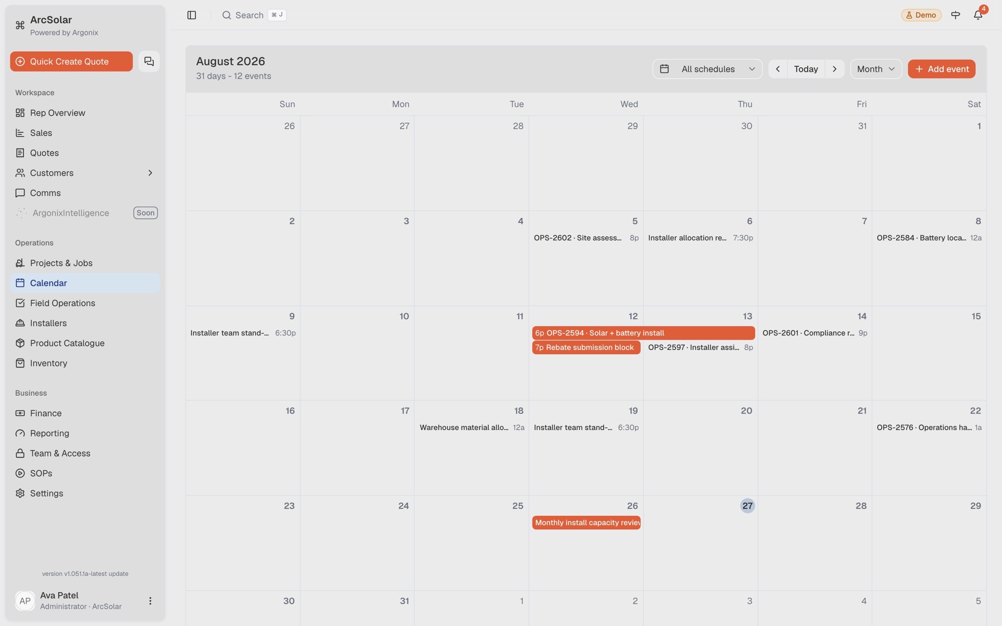 ArcSolar solar installation scheduling calendar showing jobs, dates and assigned operational work