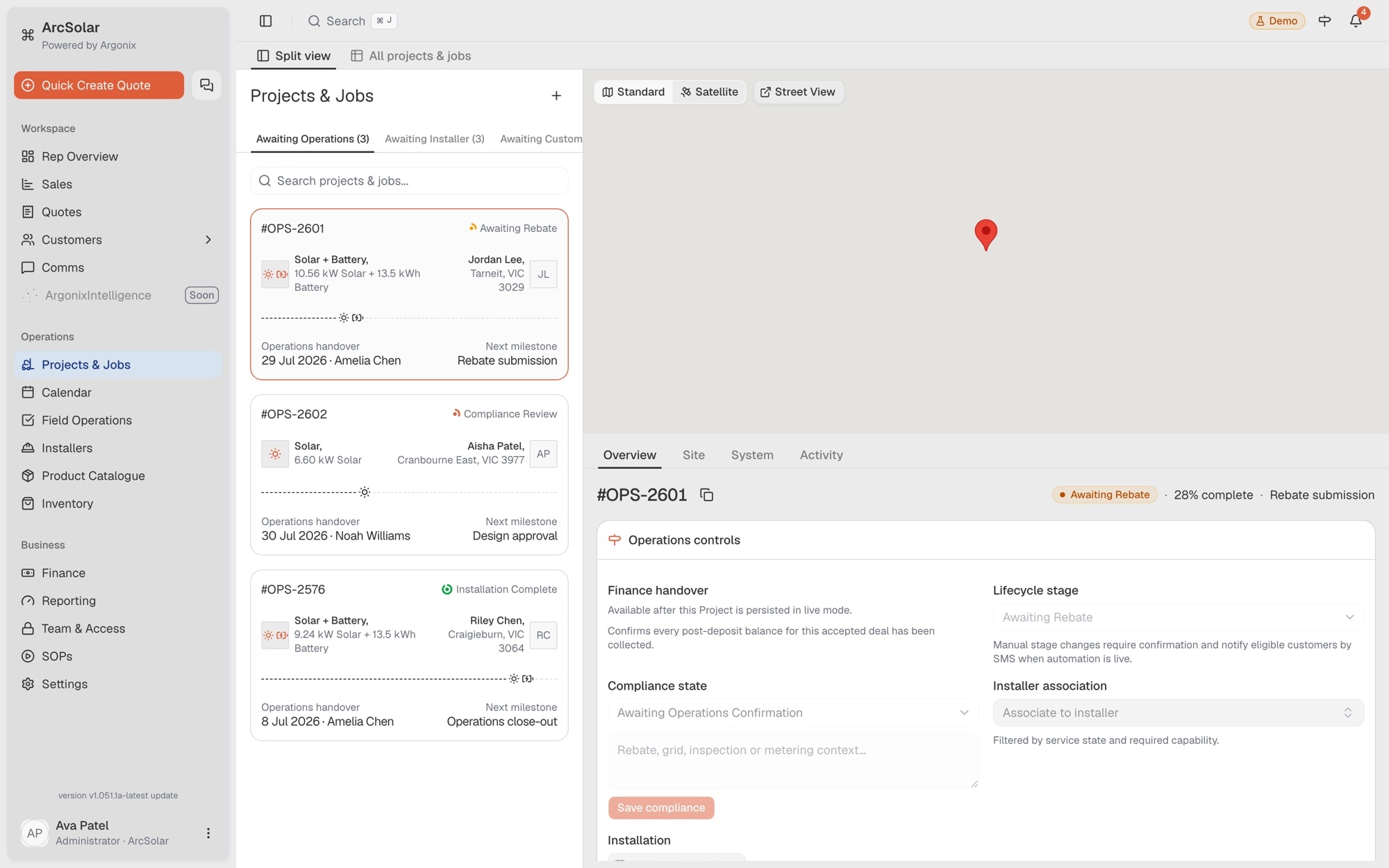 ArcSolar solar job management workspace showing project stages, activity and mapped installation sites