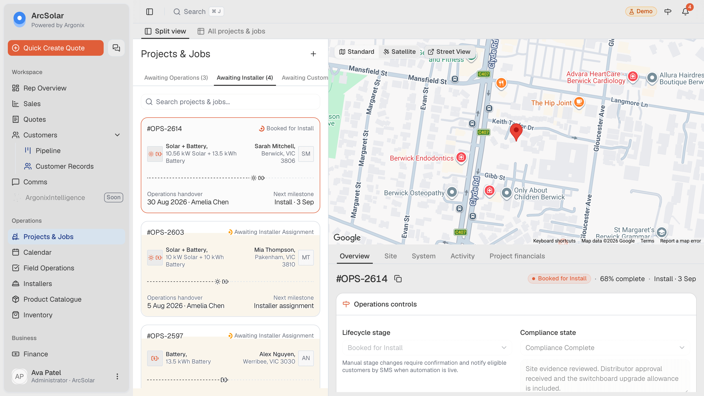 ArcSolar projects and jobs workspace showing an operational job beside its live site map