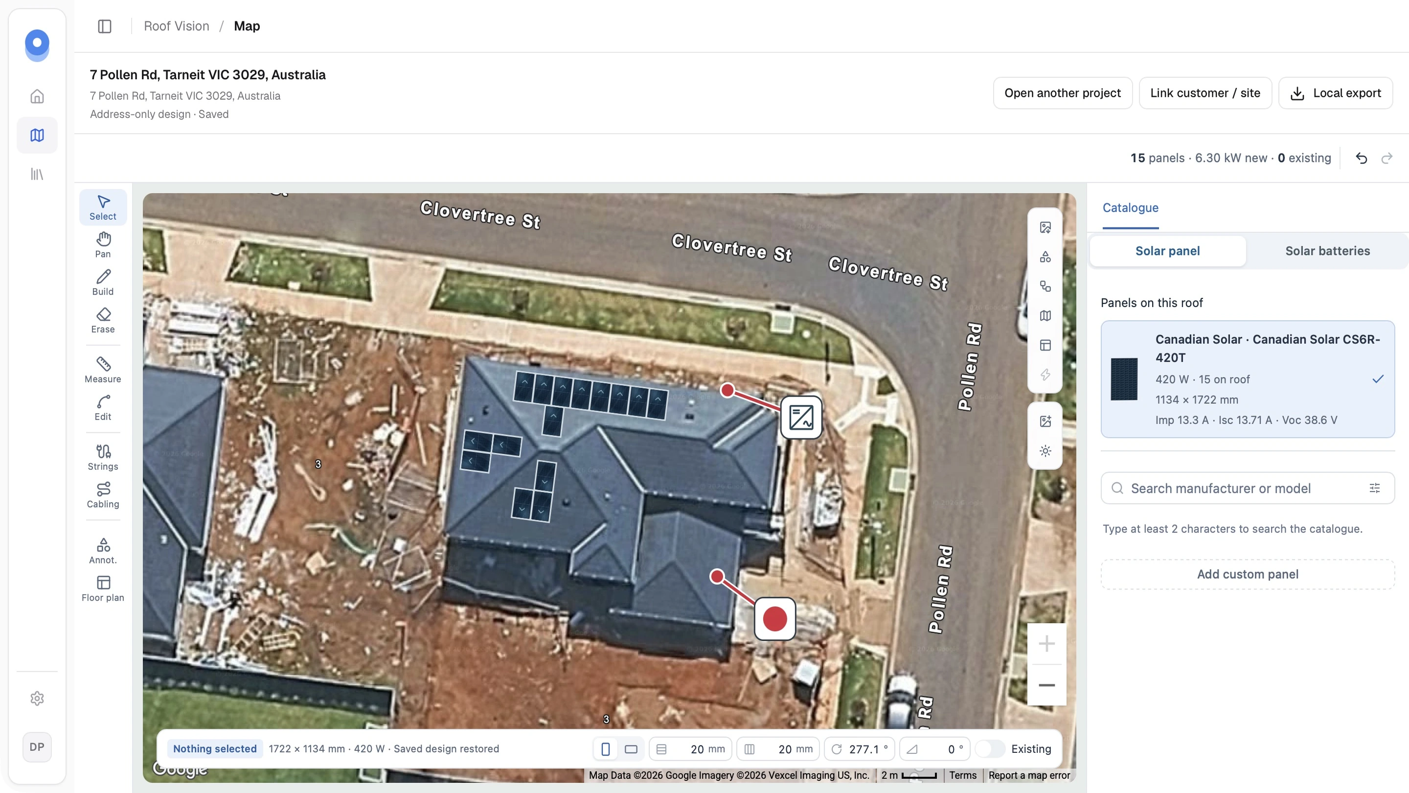 Roof Vision editor showing a solar panel array placed on satellite imagery beside the panel catalogue
